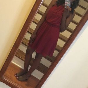 Burgundy spaghetti strap fit and flare dress